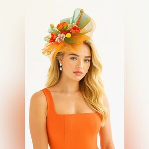 Elegant Orange Floral Fascinator Kentucky Derby Hat Church Tea Wedding Headwear